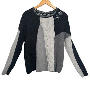 Desigual Sparkle Patchwork Cable Knit Sweater in Shades of Gray - Size M